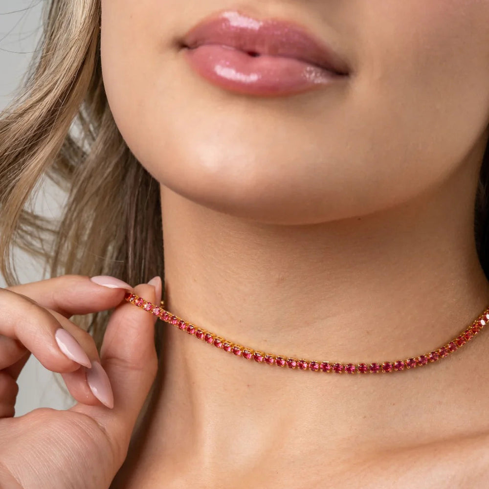 Cadena Tenis Pigeon Blood en Oro laminado 18k Para Dama